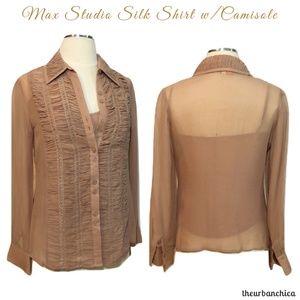 Max Studio Blush Silk Ruffle Sheer LS Blouse